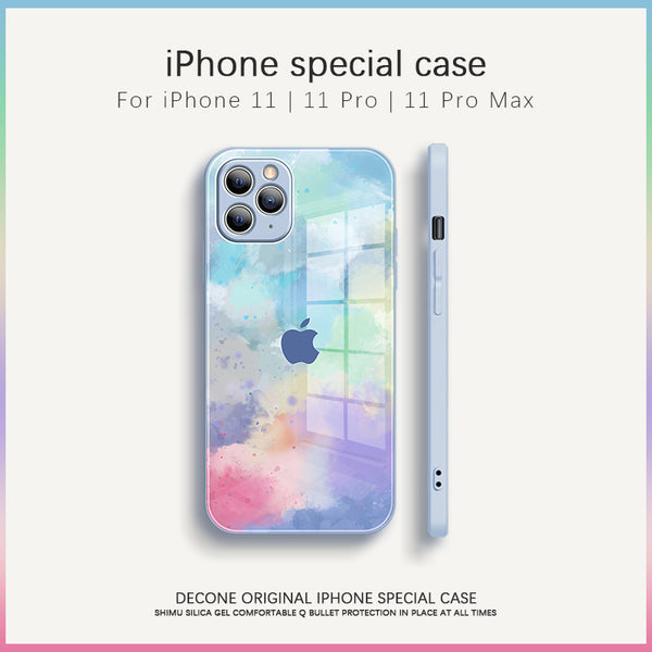 【Decone】iPhone 11 series watercolor 9H tempered glass phone case (gift lanyard)